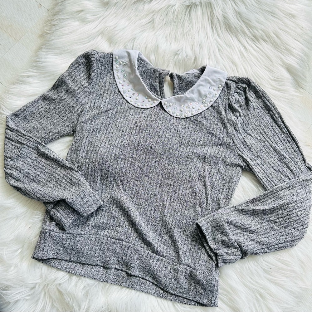 5x$25 Knit Works Gray Ribbed Jeweled Peter Pan Collar Long Sleeve Top, 14